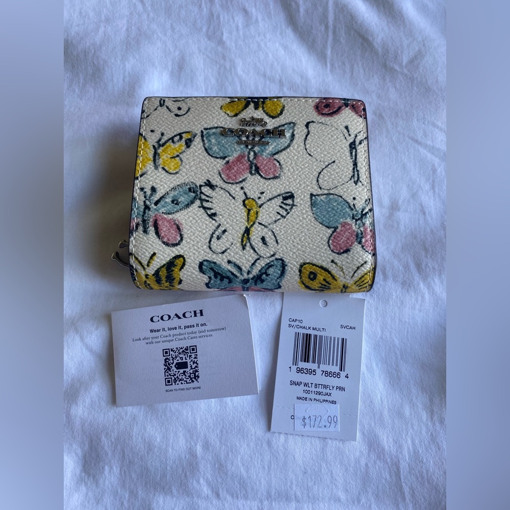 Coach Snap Wallet With Butterfly Print In Canvas/Silver/Chalk Multi CAP10 NWT